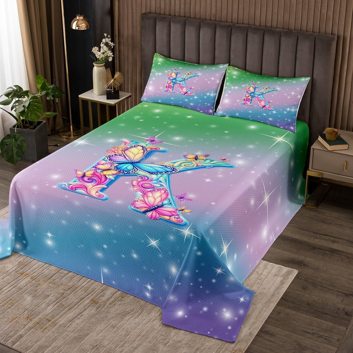 Letter Butterfly Quilt Bedding Set Twin,Cartoon Initial Letter K Coverlet Bedspread,Teens Girls Flowers Lightweight Bedding Bed Cover,Dreamy Gradient Starry Sky Bedspread Set (1 Quilt+ 1 Sham)