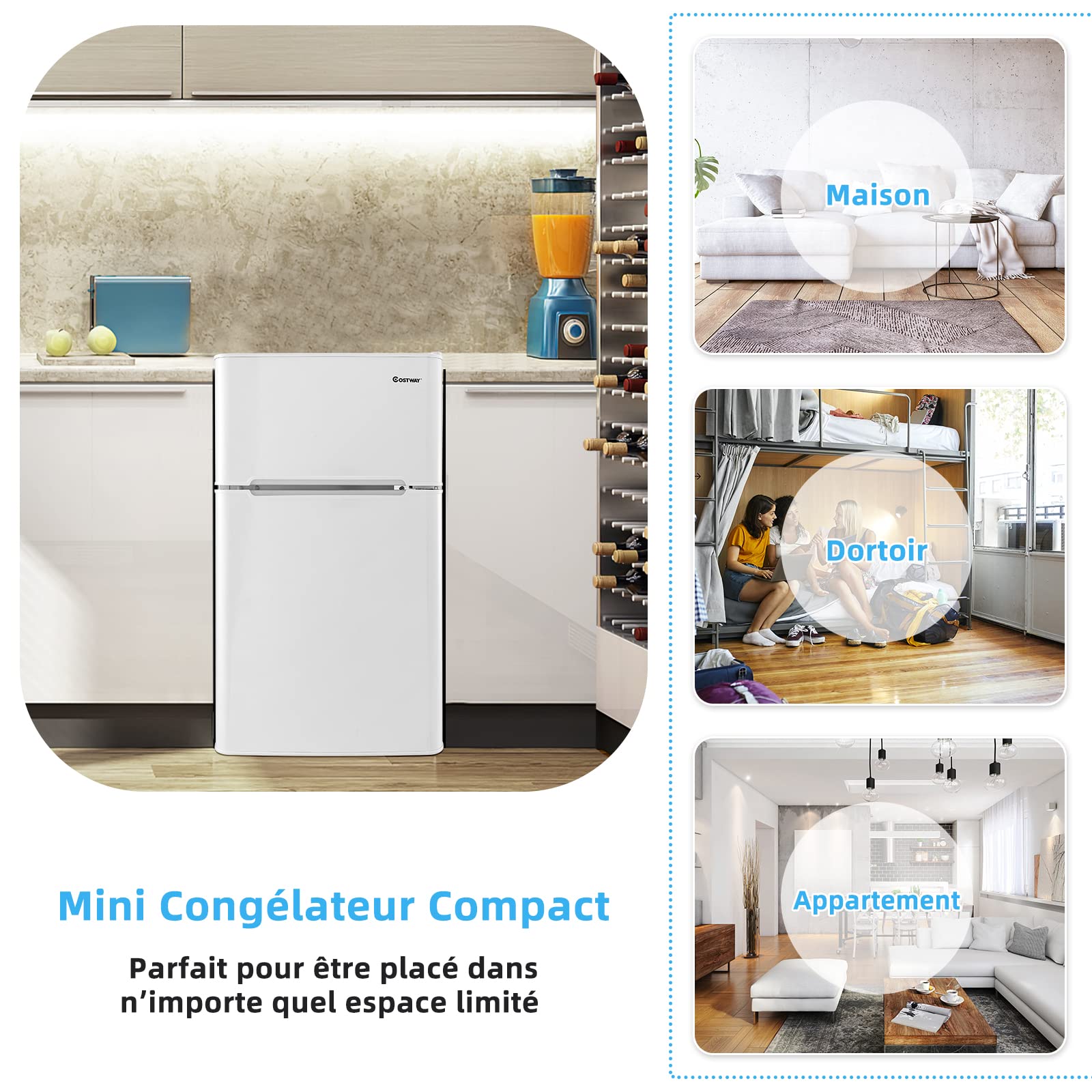 COSTWAY Réfrigérateur à Double Porte 90 L, Réfrigération Rapide, Économie d'énergie, Réfrigérateur en Métal avec 7 Niveaux de Température, 48,5 x 49,5 x 86 cm (Blanc)