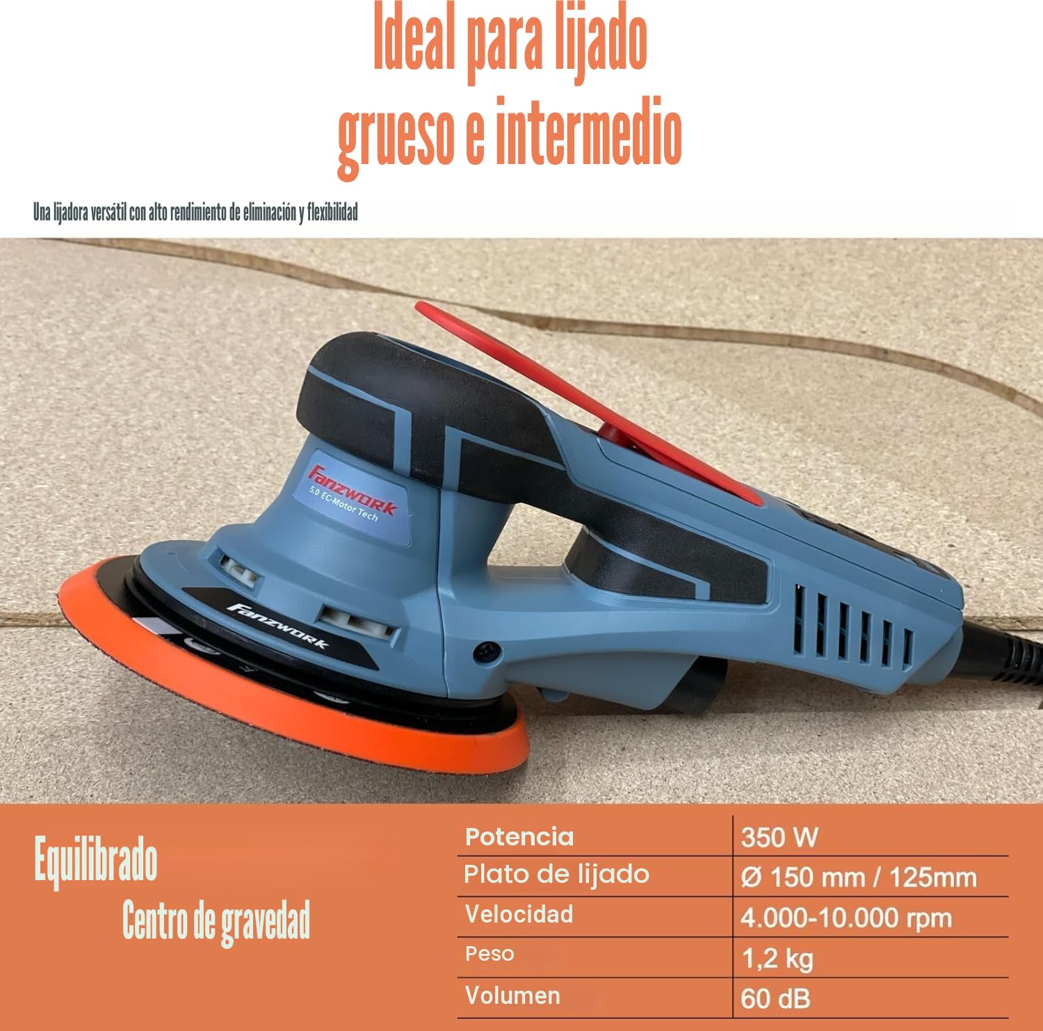 FANZWORK Lijadora rotorbital EZ150A, 350W, órbita de 5 mm, disco de 150 mm, 7 velocidades, freno de disco, 15 lijas, disco de repuesto y maletín de transporte.