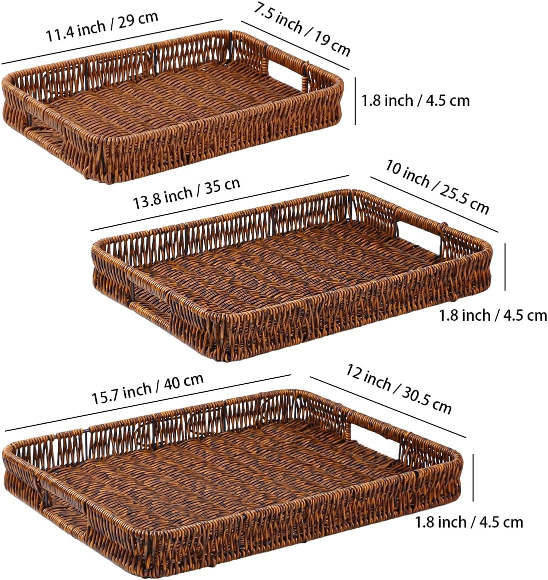 3pcs Rectangular Serving Tray with Handles, Decorative Wicker Organizer Baskets Storage Tray for Coffee Table, Bread, Fruit, Snacks, Centerpiece Decor