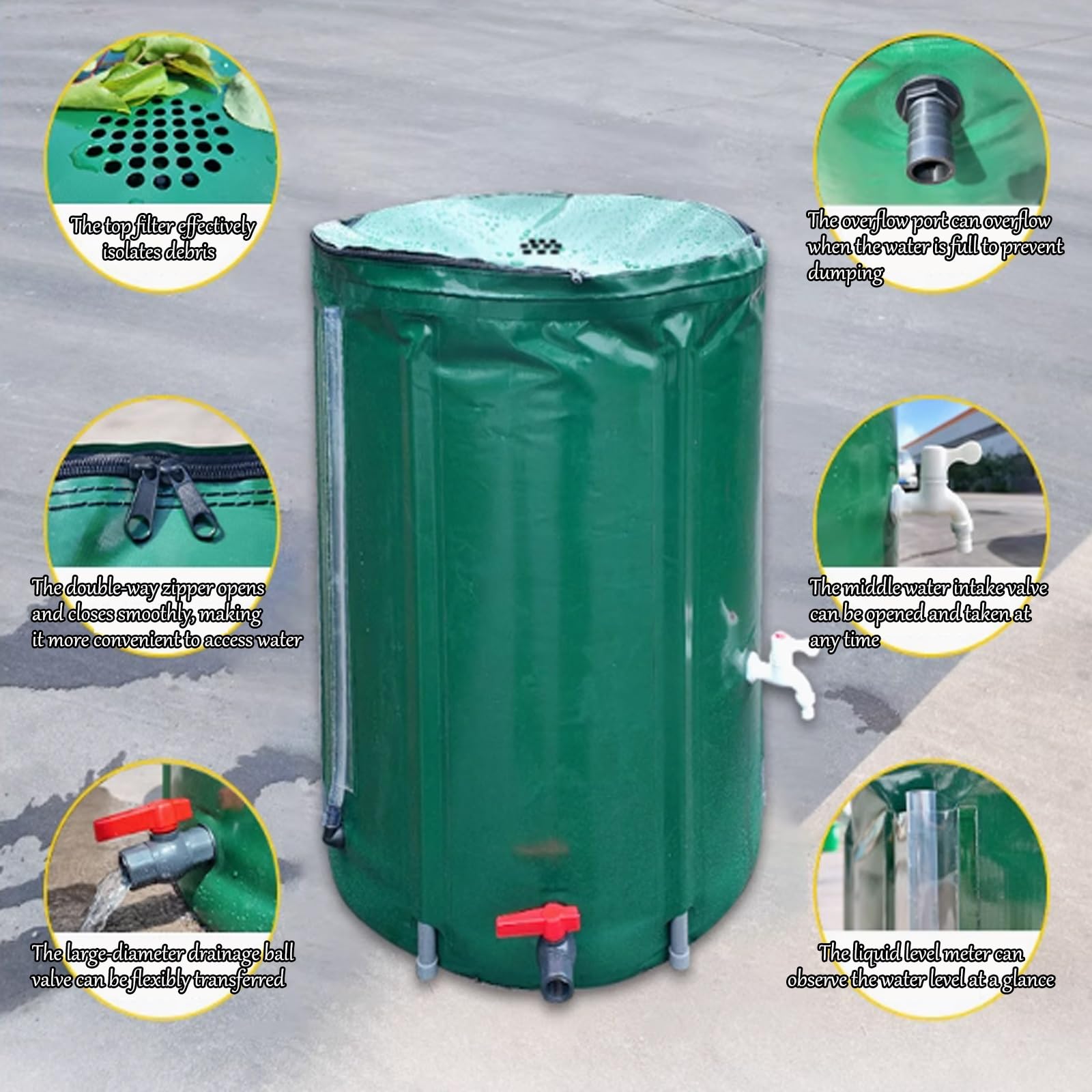 Barile Portatile per la Raccolta dell'Acqua piovana da 1000 Litri con Filtro, Serbatoio d'Acqua Pieghevole per Giardino, Ideale per Uso Esterno, Raccoglitore di Pioggia Nero per Un