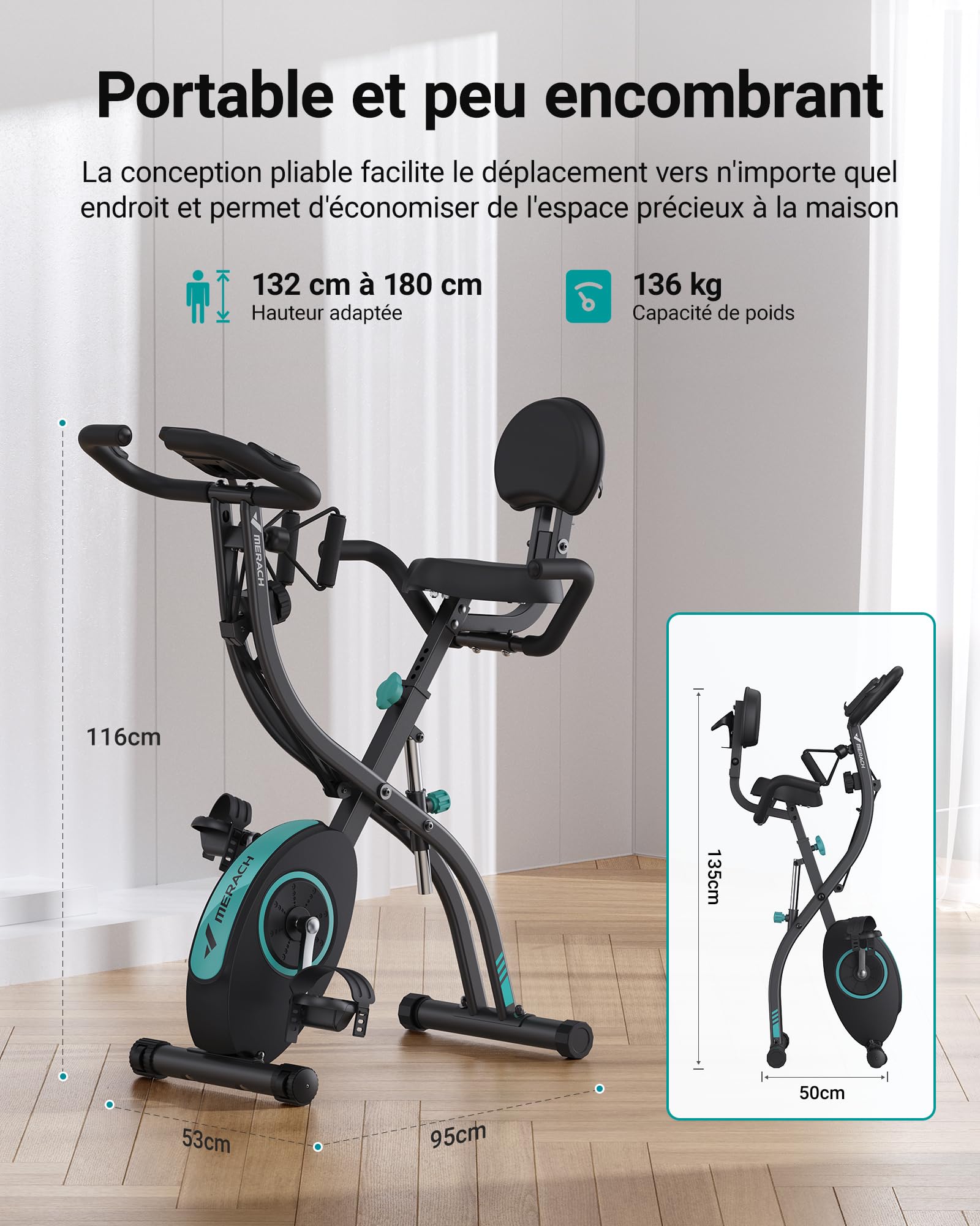MERACH Velo D Appartement Silencieux avec App Entraînement, 4 en 1 Vélo D’Appartement Pliable avec Résistance Magnétique 16 Niveaux, Écran LCD, Mesure du Pouls, Bande de Résistance, Selle Confortable
