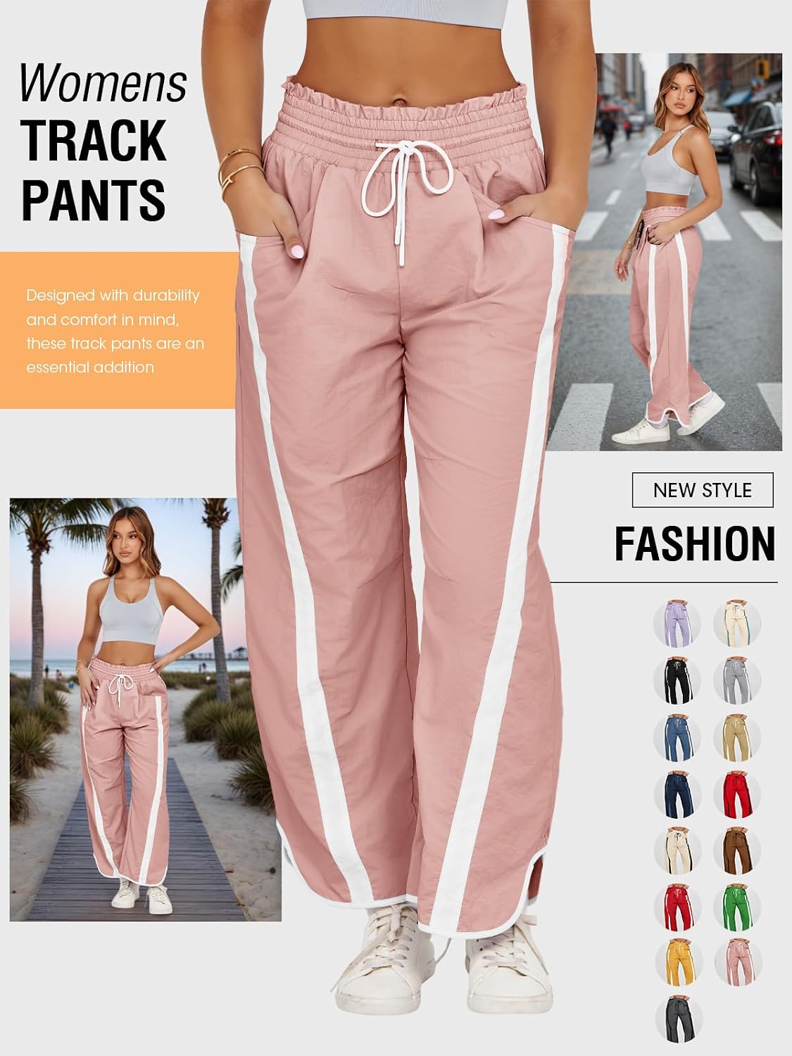 Fisoew Women's Baggy Wide Leg Pants Casual Drawstring Elastic Waisted Contrast Color Workout Y2K Track Pants