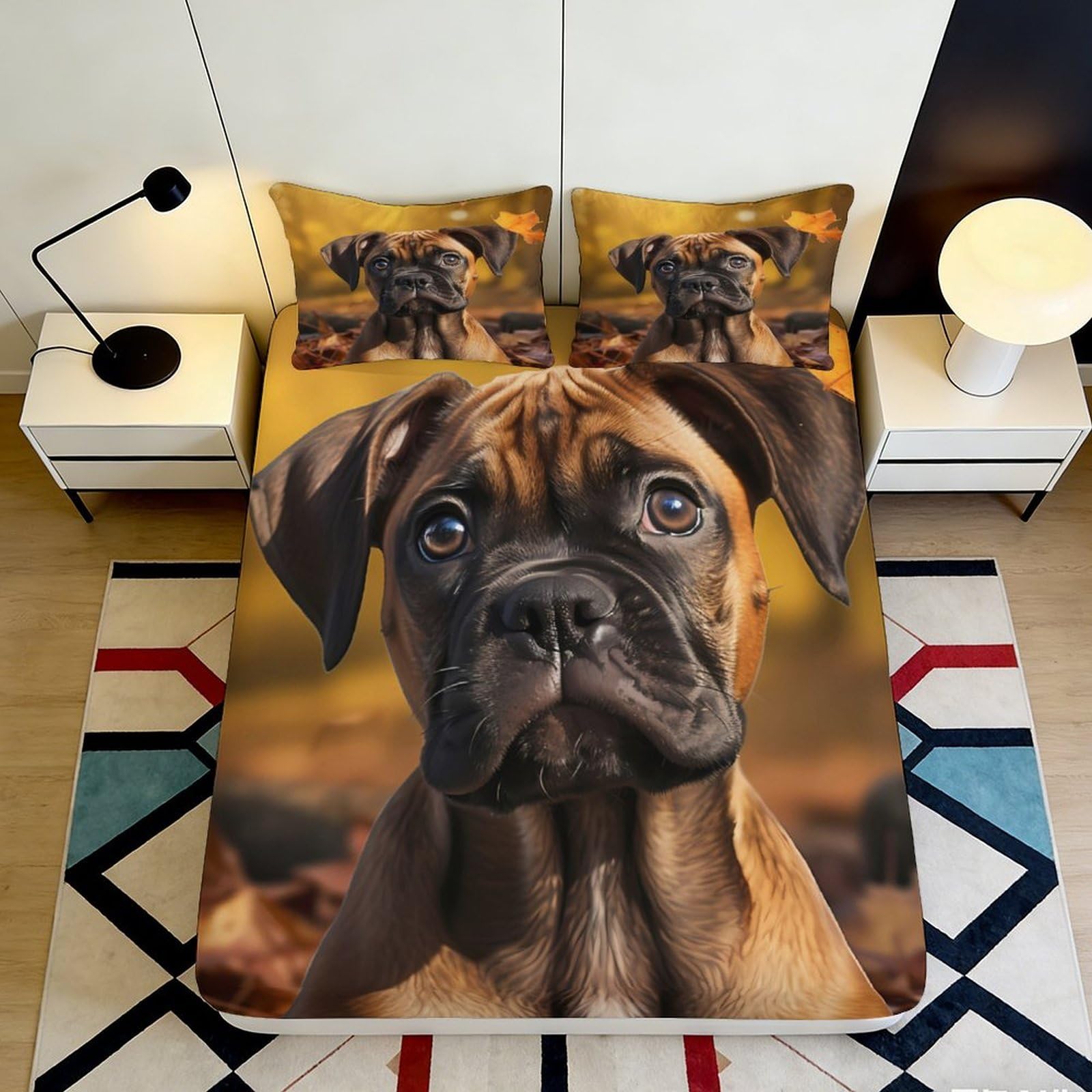 3D Printed Boxer Dog Fitted Sheet Microfiber Bedroom Decor Puppy Mattress Cover for Home Guest Room Protection 90x200x25cm