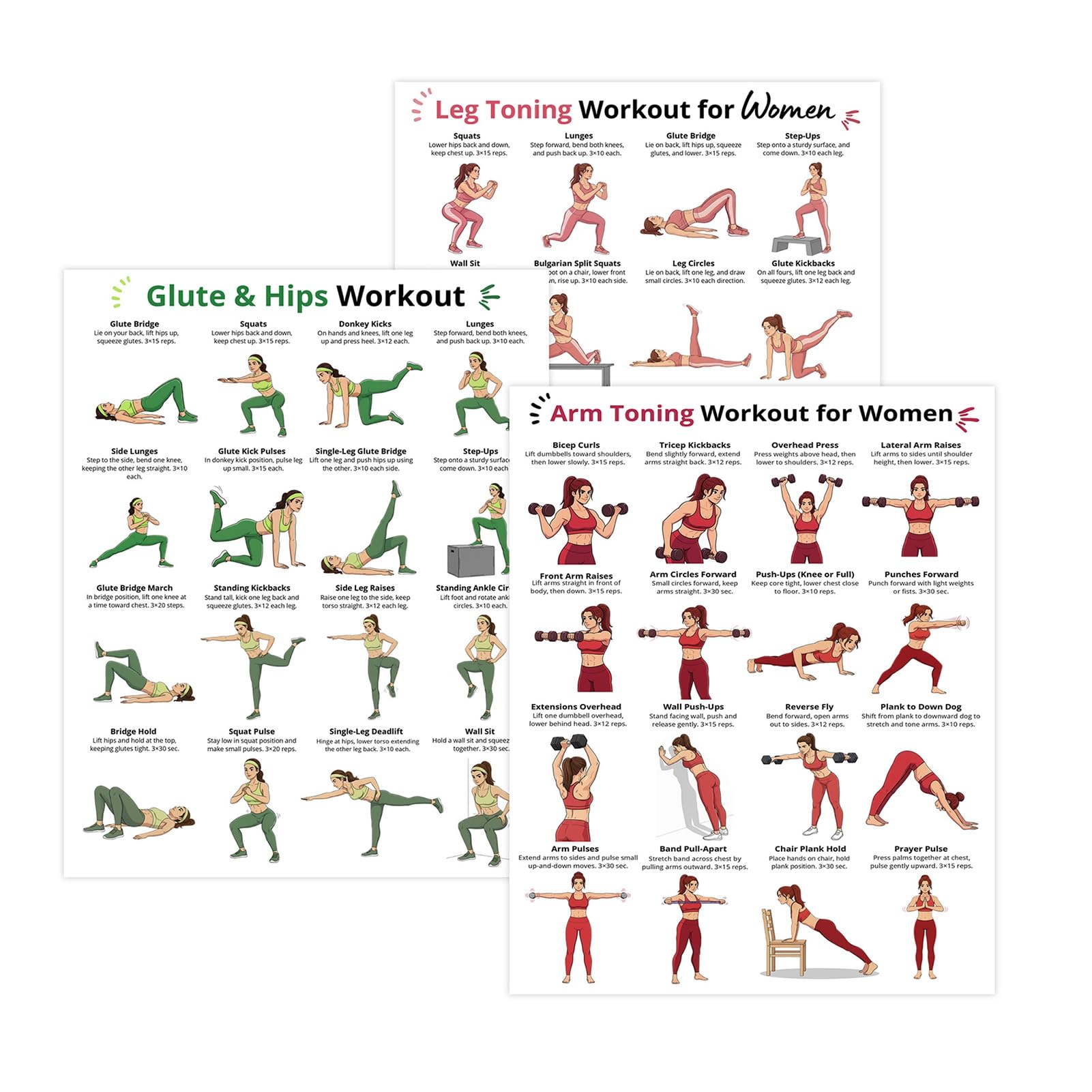 Bodhi2000 3Pcs Women's Workout Poster; Arms Legs Hips Strength Training
