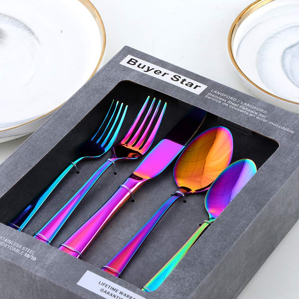 YDware 20-teiliges Besteck-Set, Besteck-Set, Regenbogenfarben, Edelstahl, Besteck, Gabeln, Löffel, Messer, Set für 4 Personen, hochglanzpoliert und spülmaschinenfest