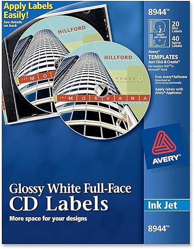 Avery Etiquetas de CD de cara completa para impresoras de inyección de tinta, blanco brillante, 20 etiquetas de disco y 40 etiquetas de lomo (8944)