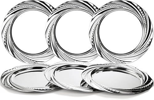 ZENFUN Paquete de 6 platos de carga plateados, cargadores de placas de acero inoxidable, platos llanos, cargadores de cena en espiral de flores,
