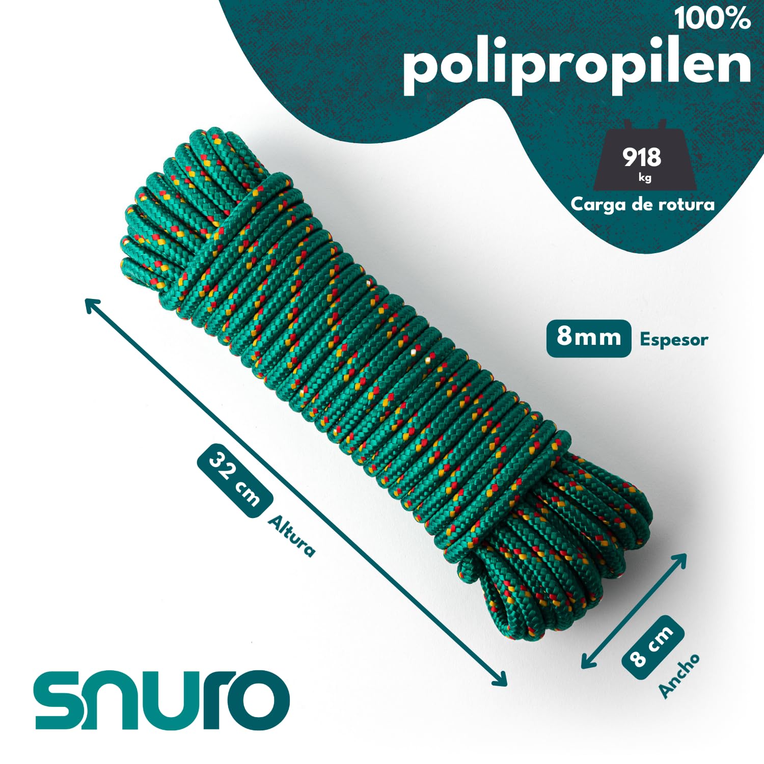 Cuerda de polipropileno SNURO (8 mm, 20 m, verde con rojo y amarillo) – Cuerda trenzada ligera y versátil para exteriores, supervivencia y jardín, ¡no para escalar! - Carga de rotura 918 kg