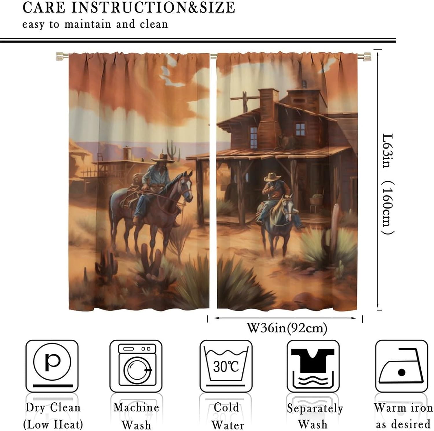 Western Cowboy Decor Curtain,Vintage Painting Farmhouse Country Western Desert Cowboy Horse Cactus Adventure Home Decor Windows Rod Pocket Curtains for Bedroom Kitchen Drapes 72x63 Inch