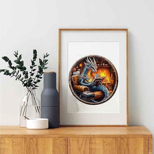 Miniatura 2 de KAAYEE Rompecabezas de madera para adultos, efecto visual 3D, dragón de lectura nocturna familiar, rompecabezas de madera de forma única,