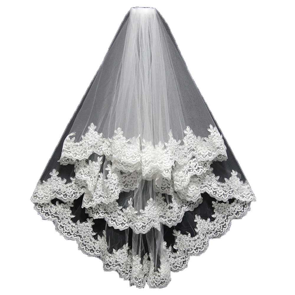 SoAyle 2 Layer Short Wedding Bridal With Comb Lace Veil (ivory)