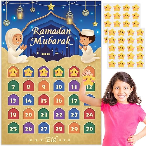 AhfuLife Ramadan Advent Calendar Ramadan Decorations for Kids, 2024 Ramadan Countdown Calendar Wallchart Poster Eid Mubarak Party Ramadan Gift with 40 Stars Stickers