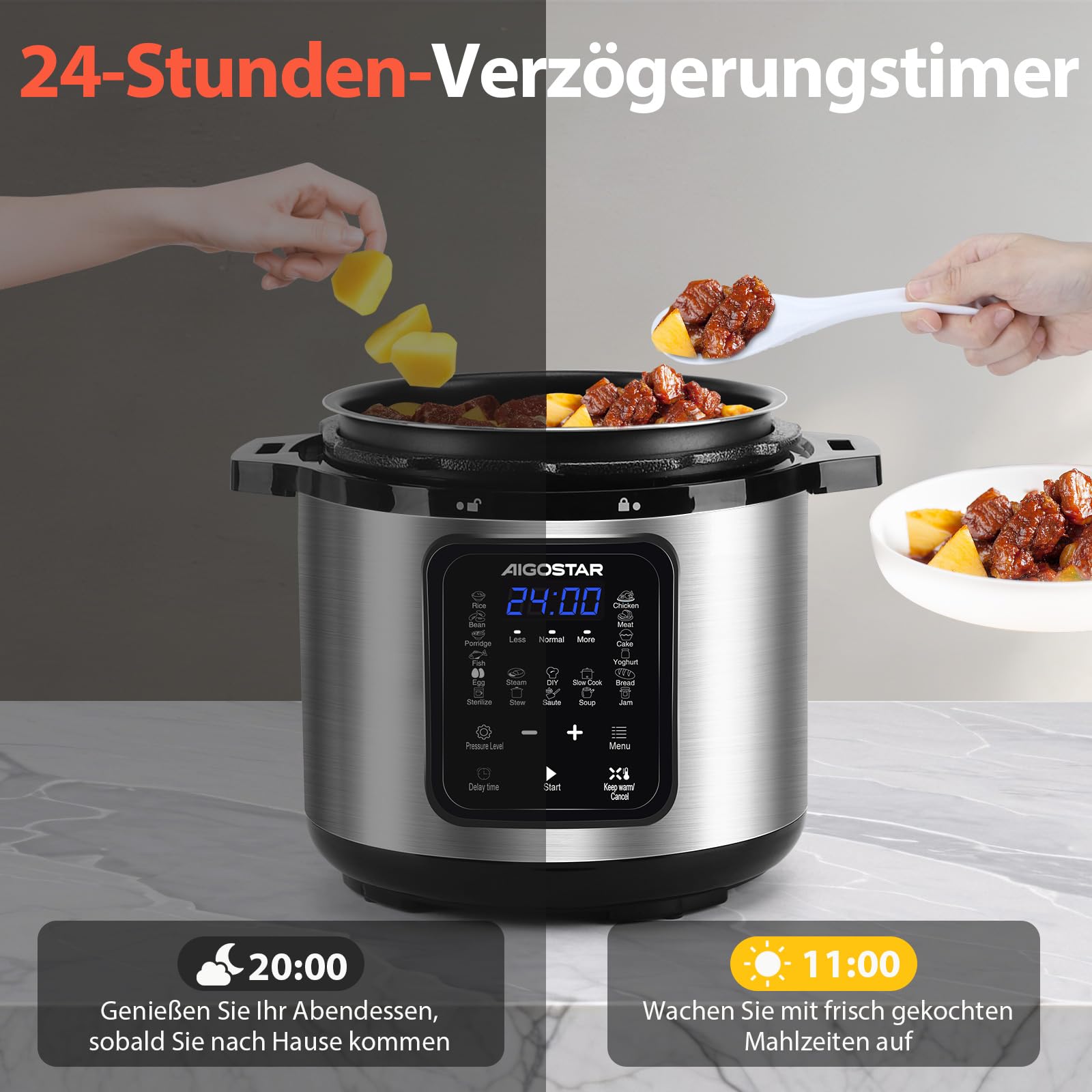 Aigostar Schnellkochtopf 6l, 18-in-1 Multikocher, Antihaft, leichte Reinigung, 1000 W Pressure Cooker, Rice Cooker, Slow Cooker, Dampfgarer, Joghurtbereiter, Speisewärmer inkl. farbigem Rezeptbuch
