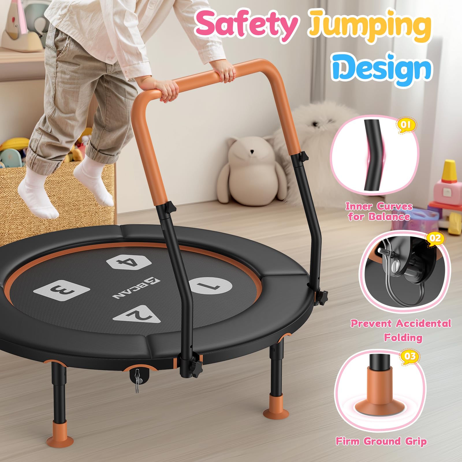 BCAN Trampolino per bambini da 91 cm, manico regolabile, imbottitura di sicurezza e gambe pieghevoli, trampolino per bambini per interni ed esterni, regalo per ragazzi e ragazze