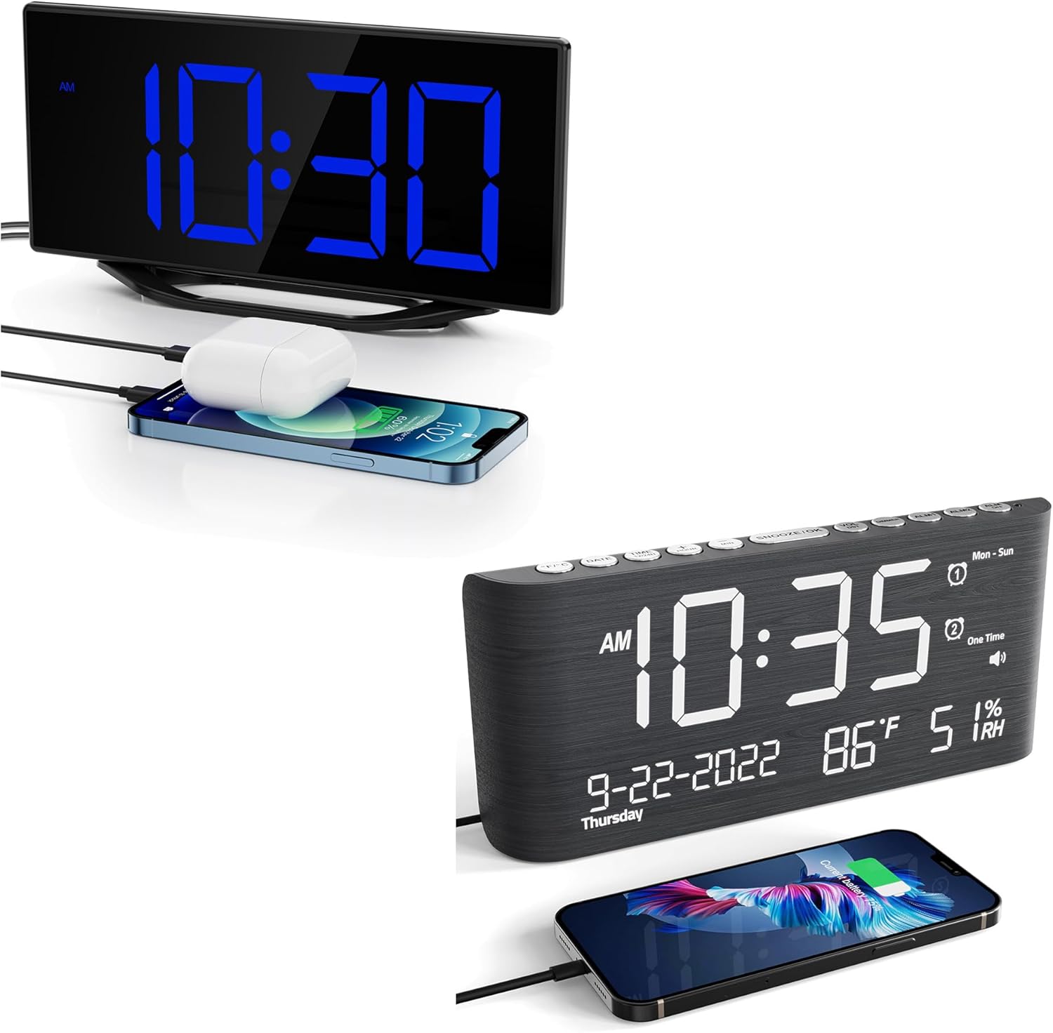 Roxicosly Digital Wooden Alarm Clock with large blue LED display and a smartphone charging via USB.