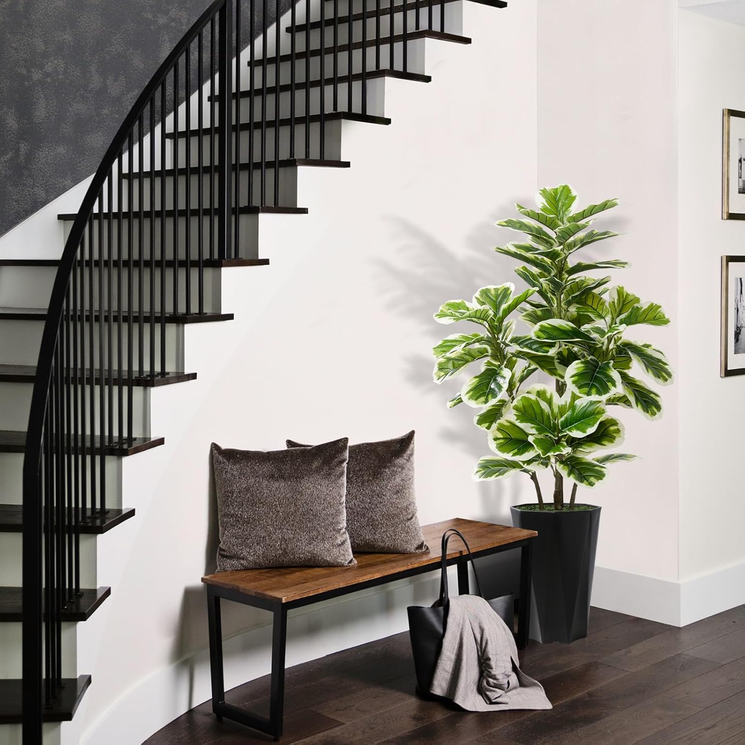 Artificial Fiddle Leaf Fig Tree 5FT - Faux Rubber Plant with Black Diamond Planter - Tall Fake Floor Plant Potted - Artificial Silk Tree for Home Office Living Room Decor Indoor - Image 2