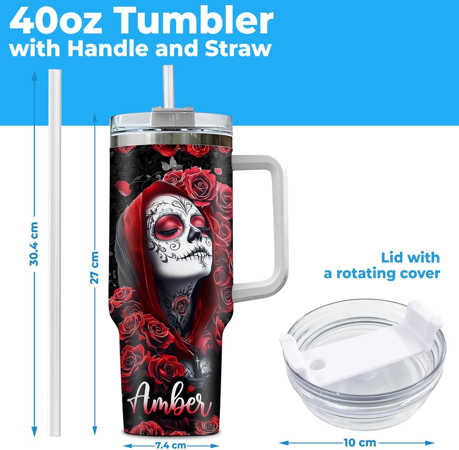 Hyturtle Personalized Sugar Skull 40 oz Tumbler Gifts with Handle and Straw, Unique Goth Gothic Gifts for Women on Birthday, Christmas, Halloween, Custom Name Insulated Stainless Steel Travel Cup
