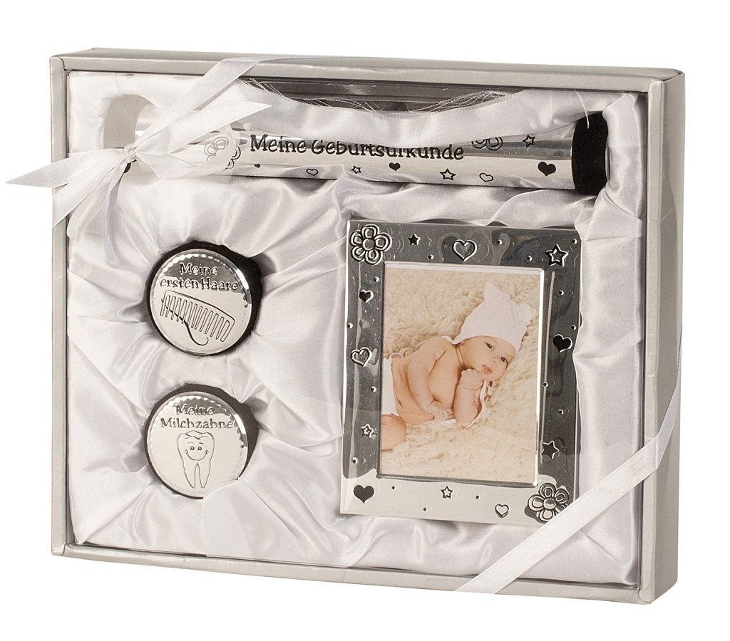 Michzahn Haardöschen Babyset Silber Milchzahn, Bilderrahmen – Taufe/Geburt Geschenkset