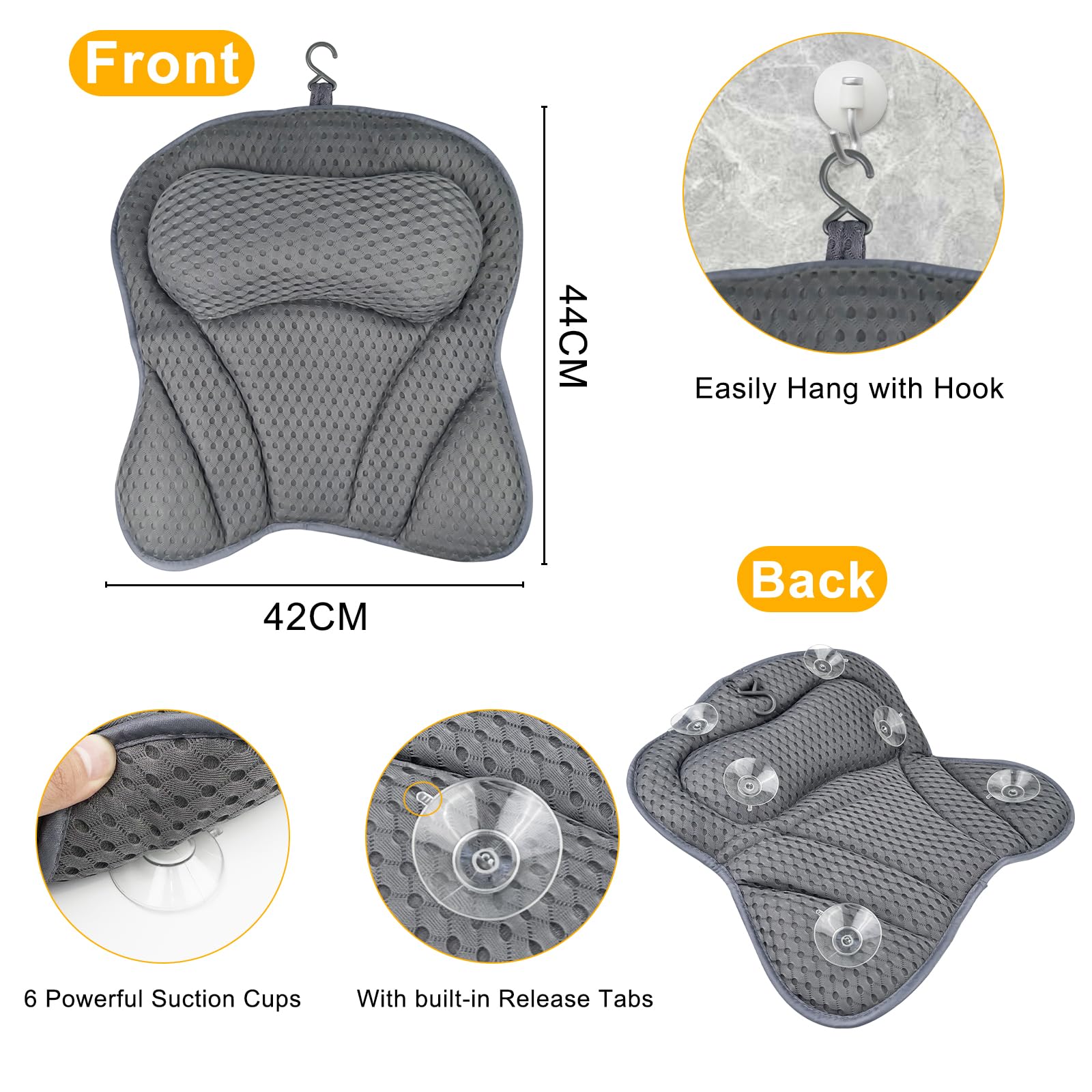 Chiluxendo Almohada Bañera, Cojin Bañera Antideslizantes, Bathtub Pillows, Almohada de Baño con Tecnología de Malla de Aire 4D y 6 Ventosas, Accesorios de Baño con Reposacabezas Ergonómicos (Gris)