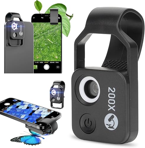 Telefon-Makroobjektiv, 200-fach-Mikroskop mit LED-Licht CPL, Clip-Taschenmikrosk