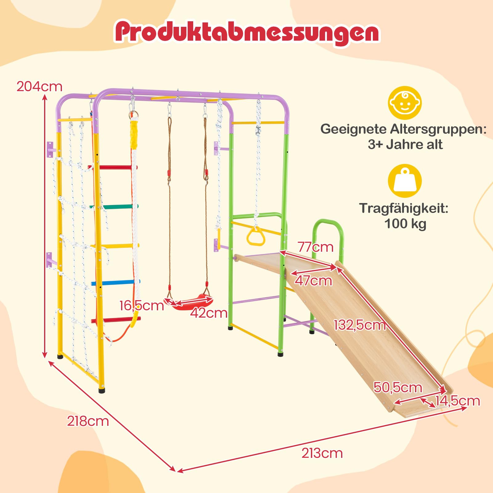 COSTWAY Rusztowanie wspinaczkowe do wnętrz, 8 w 1, ścianka wspinaczkowa i drążki małpy, drabina i lina, pierścień gimnastyczny, huśtawka, zjeżdżalnia i wspinaczka, metalowy plac zabaw dla dzieci od 3