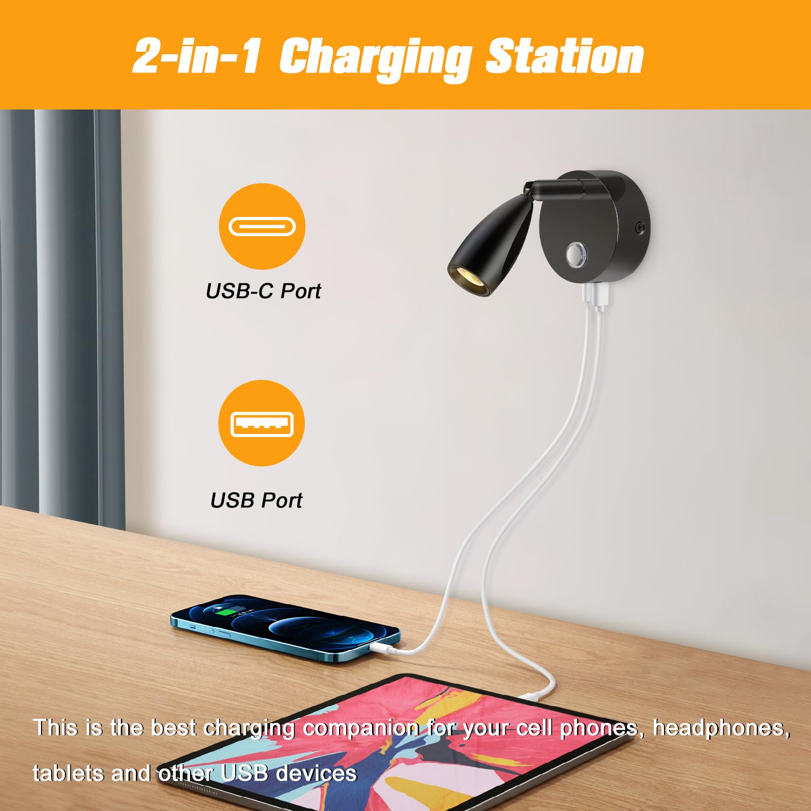 ERWEY 2er 12V LED Leselampe Wohnmobil, Stufenlose Helligkeit & 3 Farbtemperatur Modi Bettlampe, Wandlampe mit Ladefunktion USB A+C-Anschlüssen, für Auto Van Wohnwagen Innenbeleuchtung, Schwarz