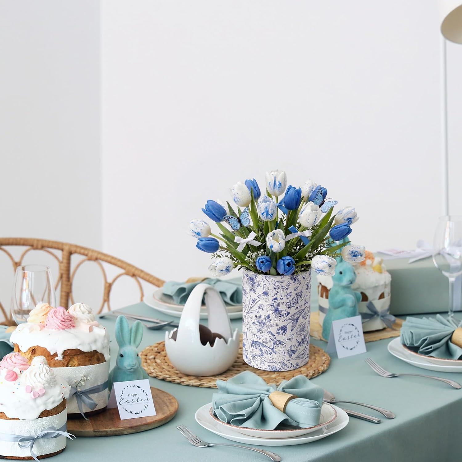Remerry 6 Set Blue and White Easter Cylinder Planter Boxes with Floral Foam, Chinoiserie Spring Easter Bunny Flower Vases for Artificial Flowers Arrangements Home Table Centerpieces