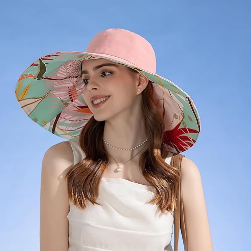 Miniatura 6 de Sombrero de sol de ala ancha de 7 pulgadas para mujer, sombrero grande plegable con protección UV, se puede llevar en ambos lados