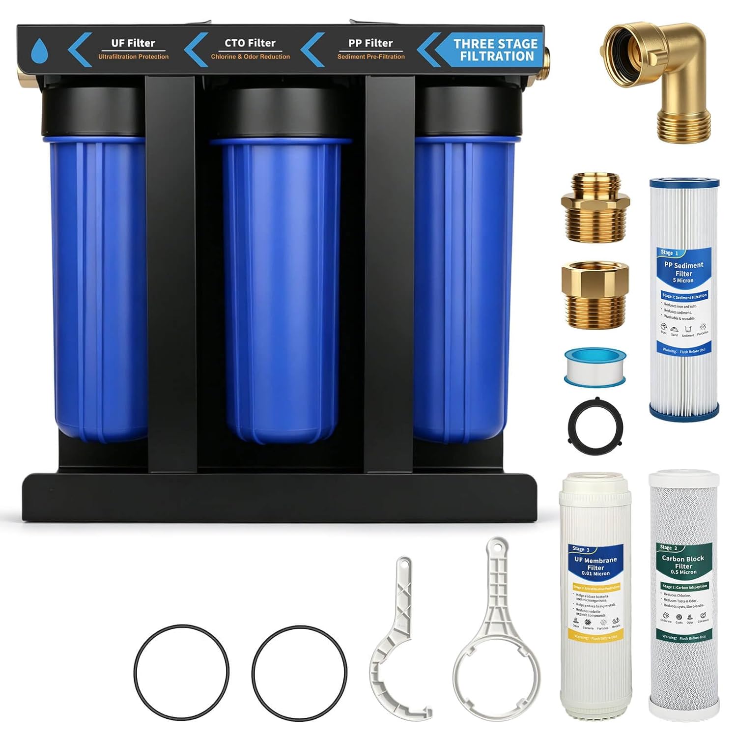 RV Water Filter System with Bracket, 3-Stage Water Filtration, 0.01 Micron UF Filter, 1" Brass Inlet/Outlet, 90° Elbow Adapter, Cleaner Better-Tasting Water for RVs, Campers and Travel Trailers