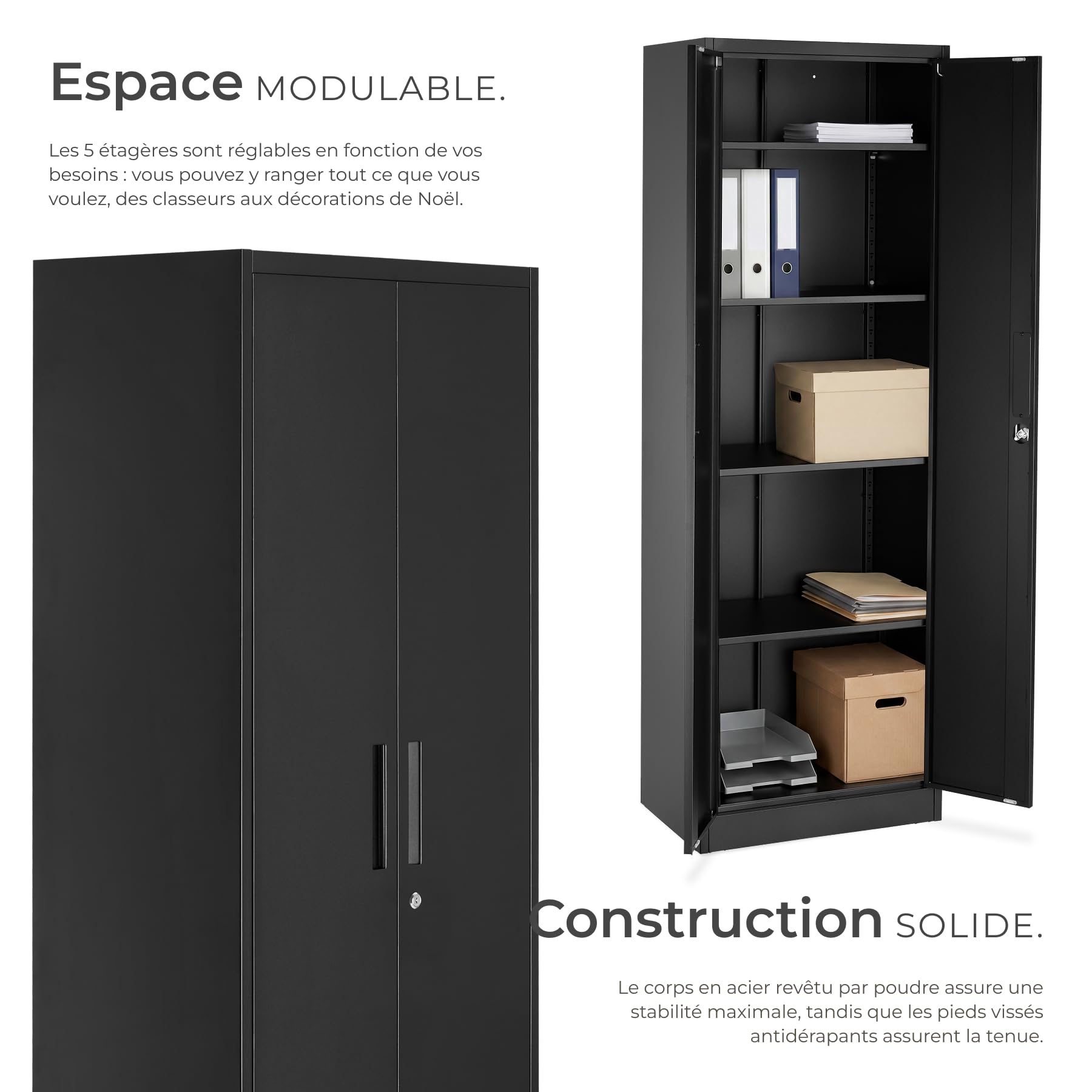 tectake® Armoire à dossiers 60x40x180.5 cm, Portes à Fermeture magnétique verrouillables, 4 étagères réglables, Armoire de Bureau en Acier thermolaqué, Meuble de Rangement Dossiers, Classeurs - Noir