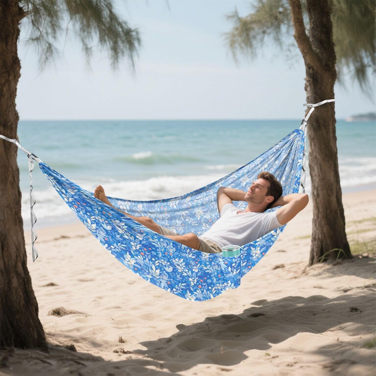 Blue Leafs Fruits Hammocks for Camping with Tree Straps Fabric Hammock for Indoor Outdoor Patio