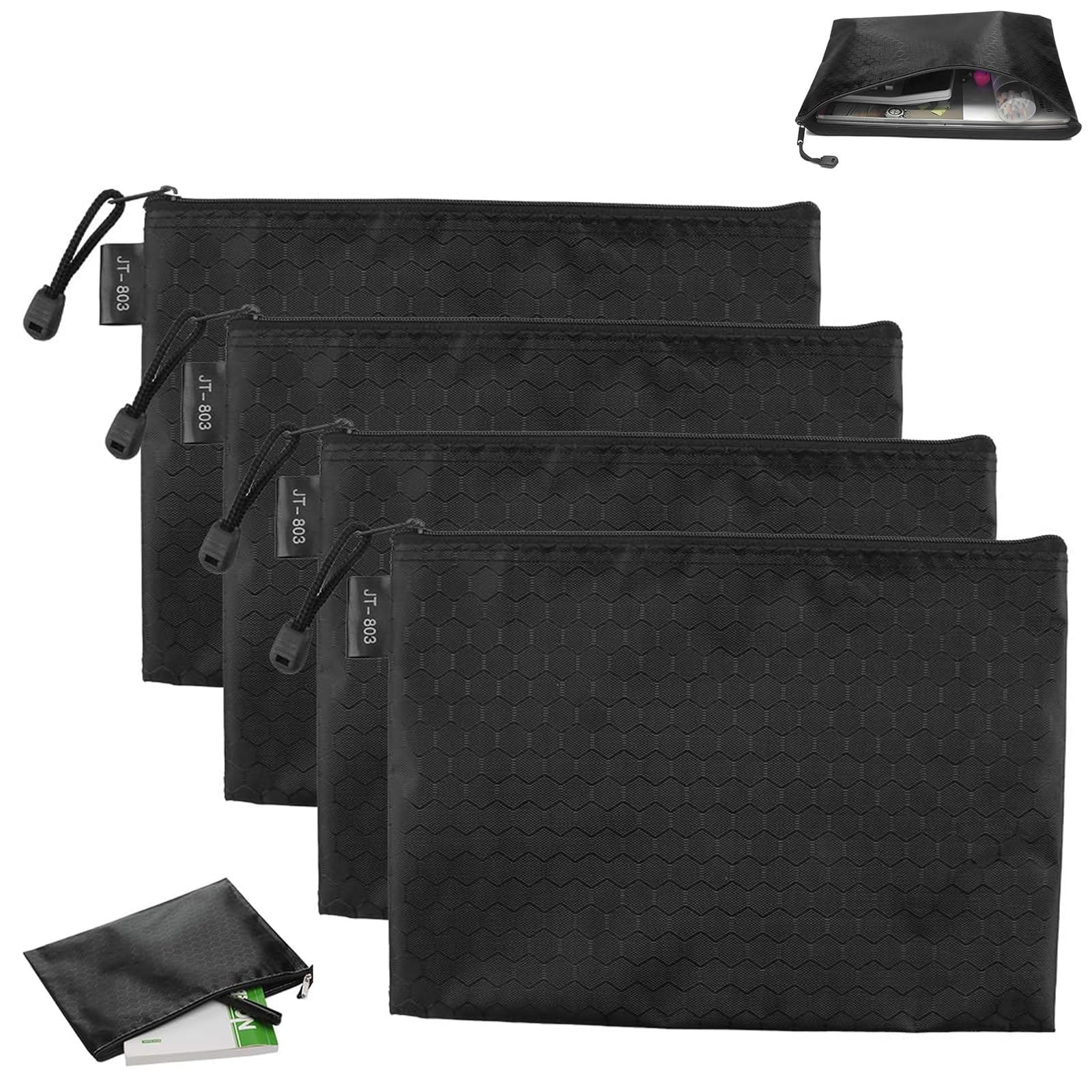 A5 Zipper File Bags,4 PCS Waterproof Document Holder with Zipper Foldable Nylon File Bag Pouch for Office School Travel and Stationary Organizer Black A5 Zip Folder Document Storage Bag