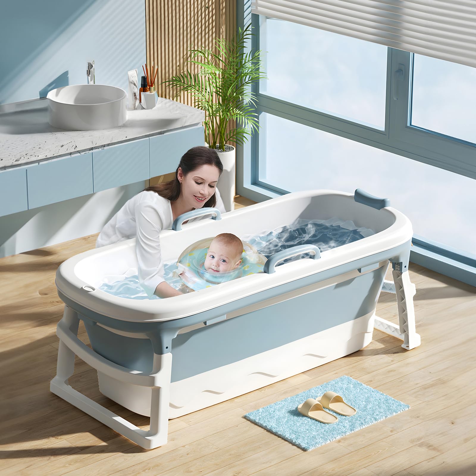 Warmiehomy Baignoire portable pour adulte, 138 x 62 x 52 cm, grande baignoire pliable, baignoire épaisse sur pied, baignoire de massage à la vapeur avec couvercle, baignoire de sauna à la maison pour