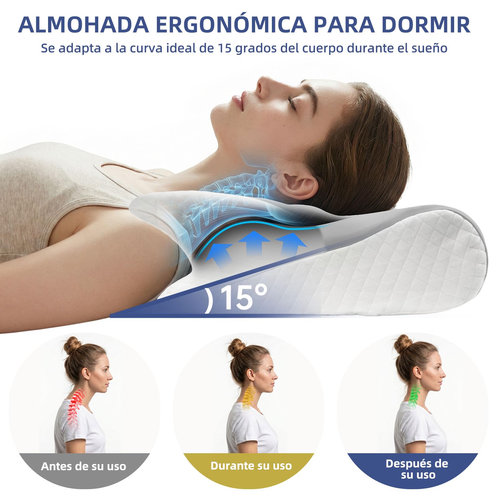 Almohada 2 en 1 de Espuma con Memoria, Ergonómica y Reversible | Doble Altura Soporte Cervical Perfecto para Dormir de Lado, Boca Abajo y Espalda, 60x42x14/12 cm, Gris y blanco