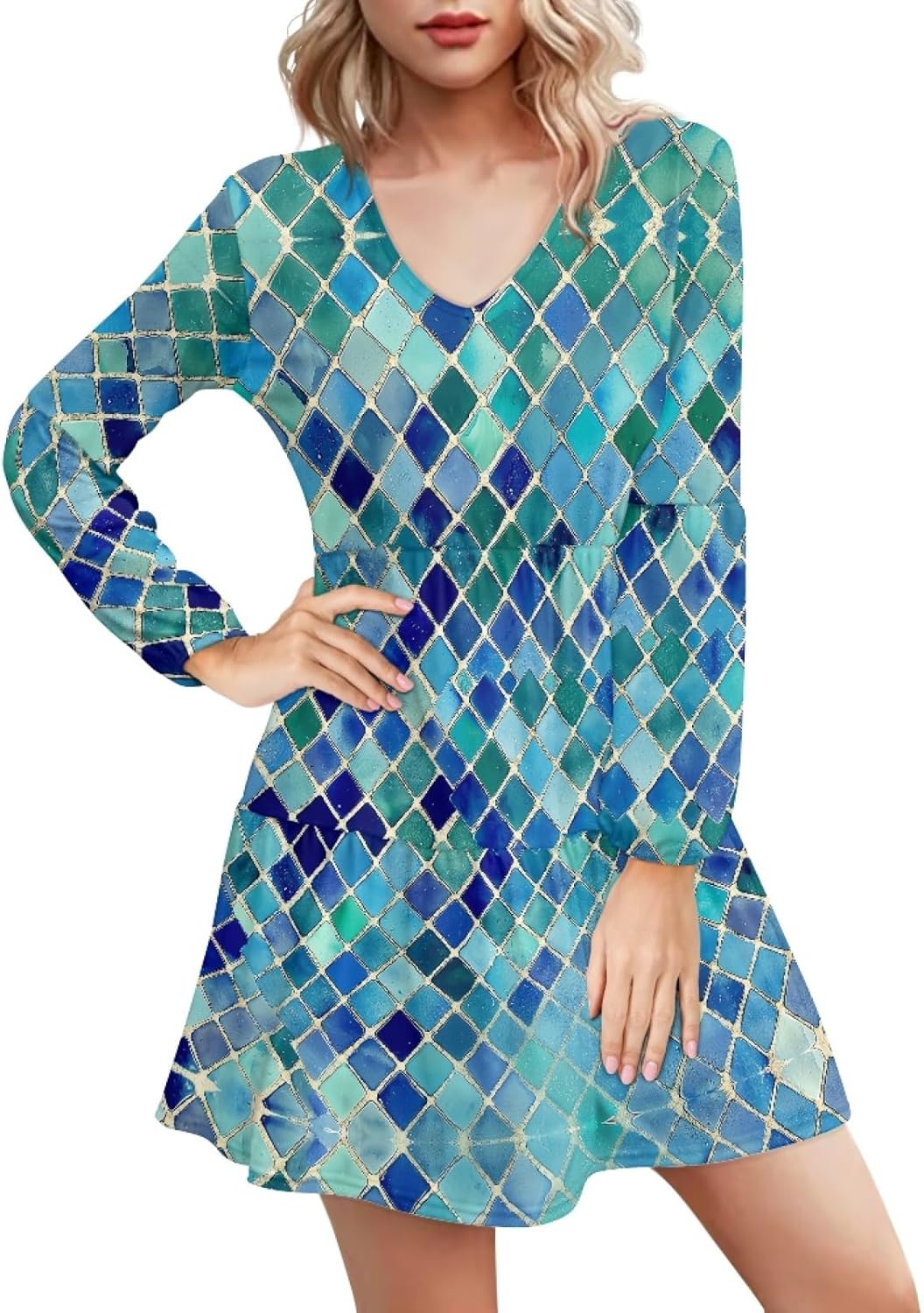 Long Sleeve Dress for Women Floral V Neck Lantern Sleeve Fashion Tunic Dress Knee Length Casual Swing Shift Dress - Image 5