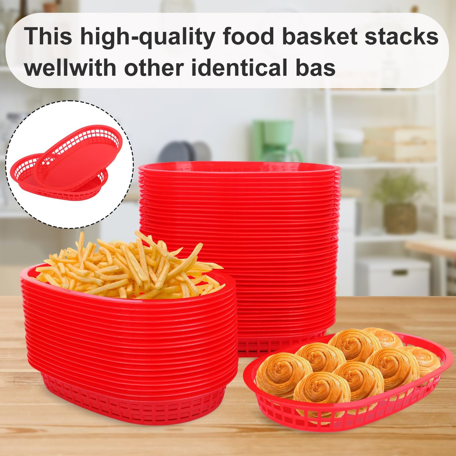 60 Pack Fast Food Baskets, 10.6 x6. 7 Inch Versatile Red Plastic Food Baskets, Food Service Tray for Burgers, Fries, Sandwiches, Hot Dogs, Barbecues, Picnics, Parties, Durable and Safe