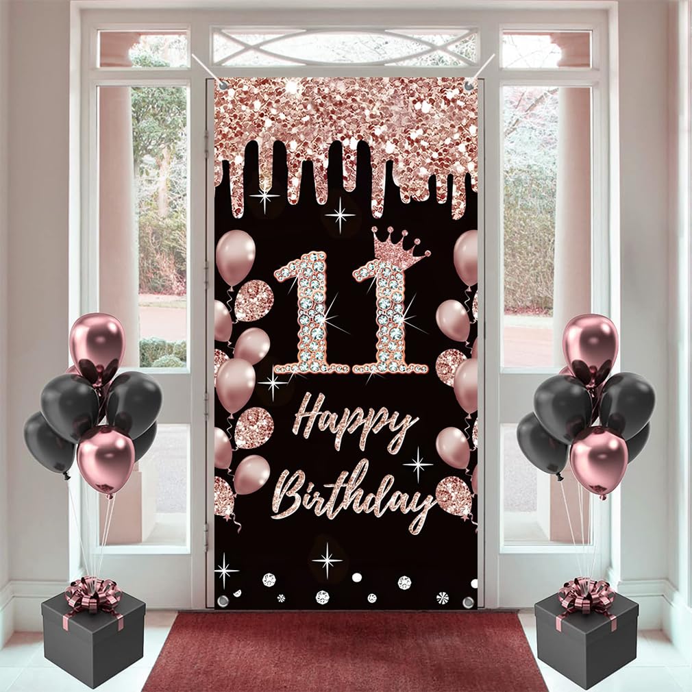 Bannière porte tissu rose Happy 11th Birthday et poster fond mural décoration 11e anniversaire