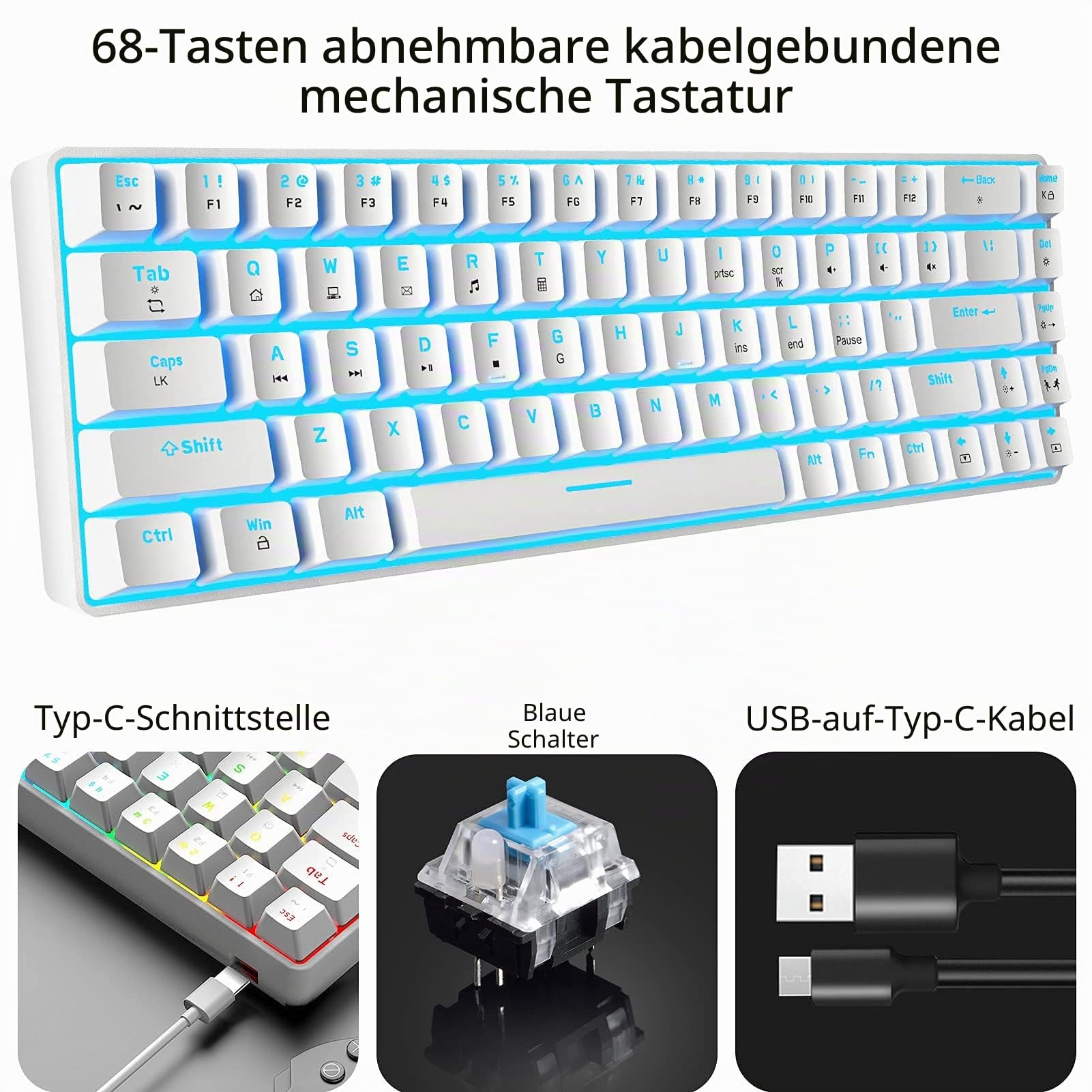 Tastatur und Maus Gaming Set, 68 Tasten Blauer Schalter 60% Mini Eisblaue Backlit Mechanische Tastatur Weiß, 6400DPI Leichte Programmierbar Maus Grün, USB-Kabel, Kompatibel mit Windows Mac PS4