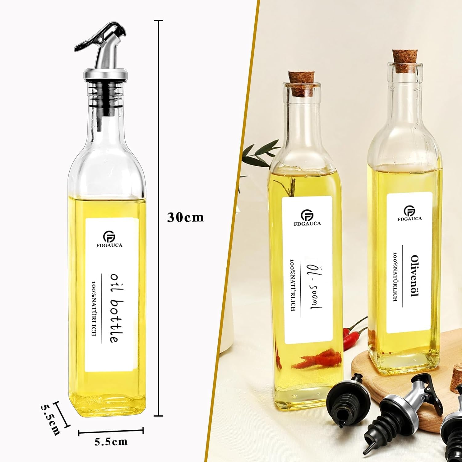 YYTECH Kit 2 Bouteilles D'Huile En Verre 500ml Avec Becs Verseurs Automatiques - Distributeur Huile D'Olive Et Vinaigre Élégant + 36 Étiquettes & Entonnoir