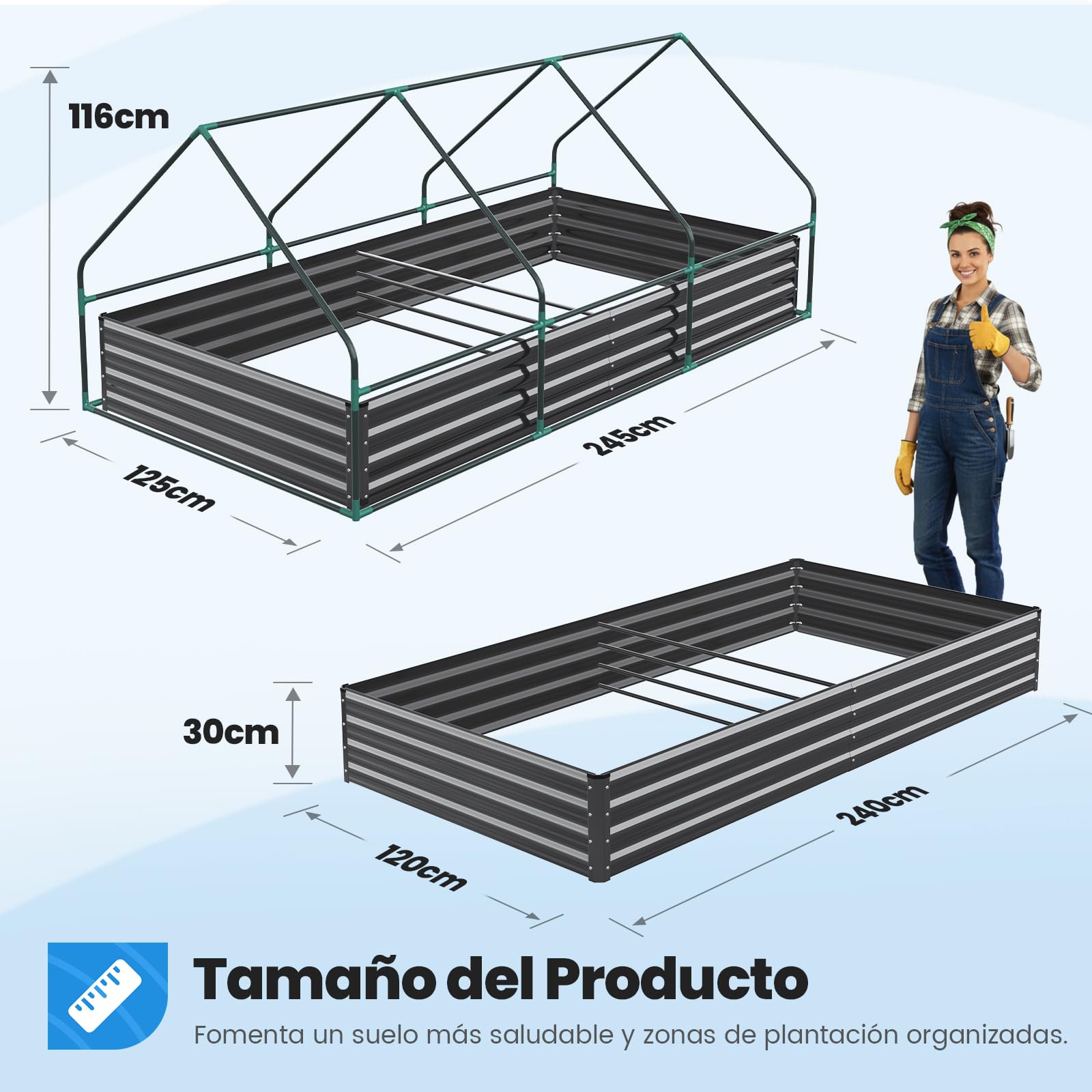 Quictent Jardineras Elevadas de Metal Galvanizado con Cubierta de Mini Invernadero, Macetero 3 en 1 Grande para Jardines, Patios y Terrazas, 240x120x30cm