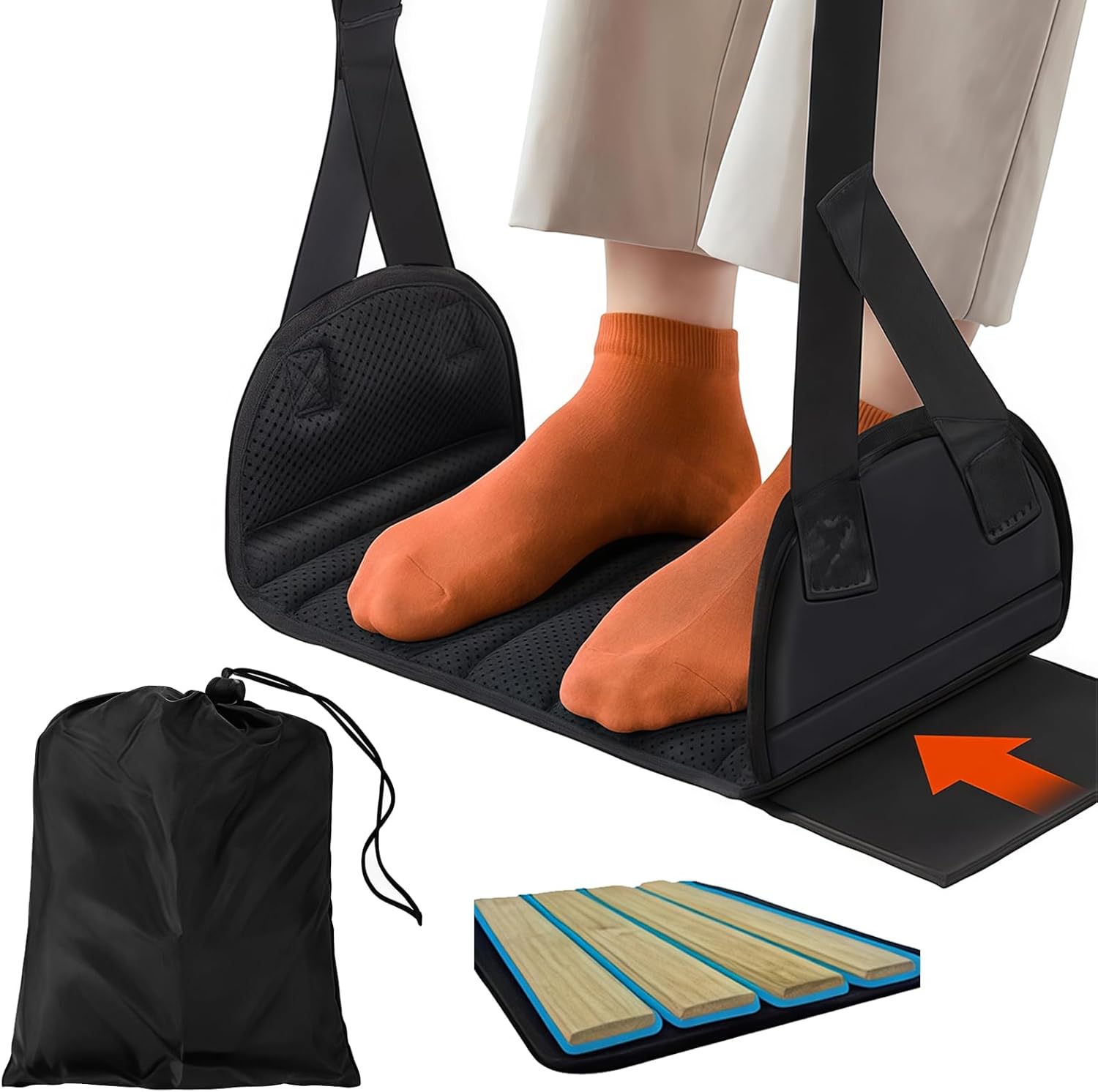 Portable Foot-Rest for Air Travel, Wide Foot Hammock with Detachable Hardboard, Comfortable Footrest for Plane, Adjustable Footrest for Long Flights, Airplane Essentials