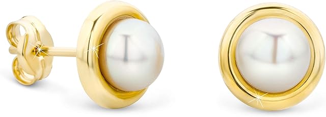 Orovi Gold Pearl Stud Earrings for Women - Solid 9k / 375 Yellow Gold - Hypoallergenic Studs with 5mm Freshwater Pearl