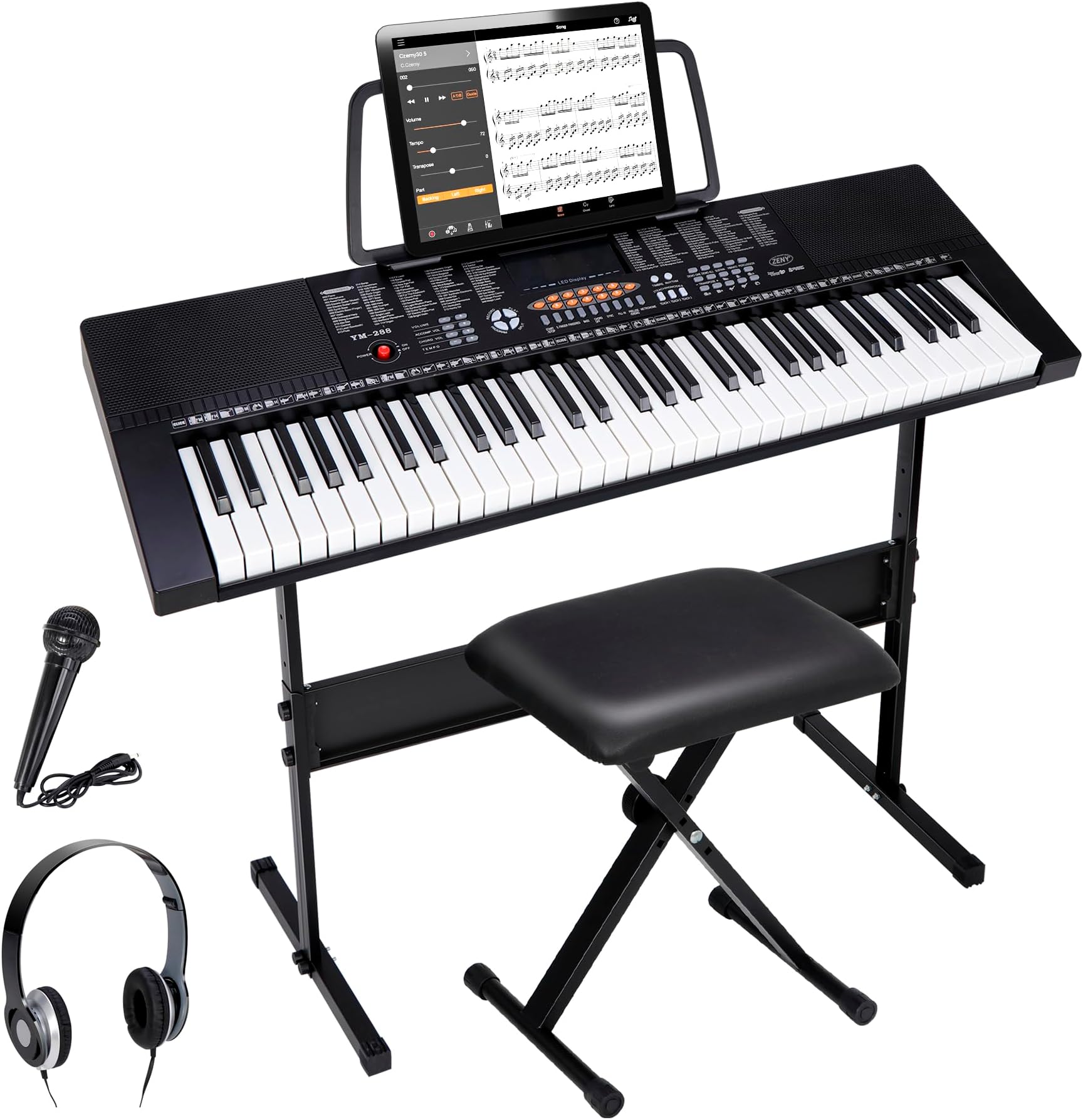 ZENY 61 Key Portable Electric Keyboard Piano Built-in Speaker LED Screen Headphone Microphone Piano Stand Music Stand Stool