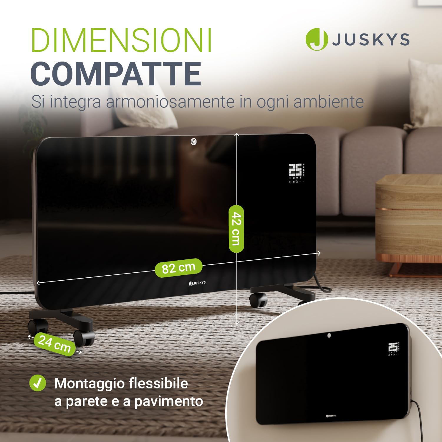 Juskys stufa in vetro 2000W – Nero, riscaldamento a infrarossi da parete o pavimento, controllo app, display LED, timer e sicurezza