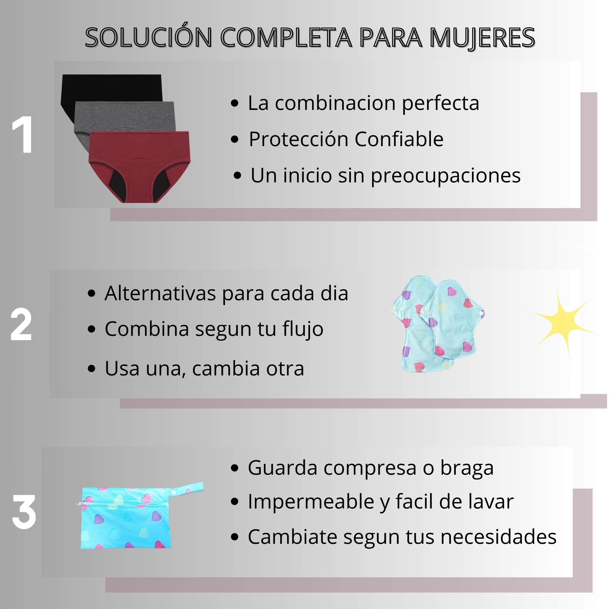 Bragas Menstruales Flujo Abundante, Pack de Periodo Menstrual, Bragas Postparto Mujer, Absorbentes, Lavables, Cómodas y Transpirables, Pack de 3 Bragas menstruales 2 compresas y bolso (S)