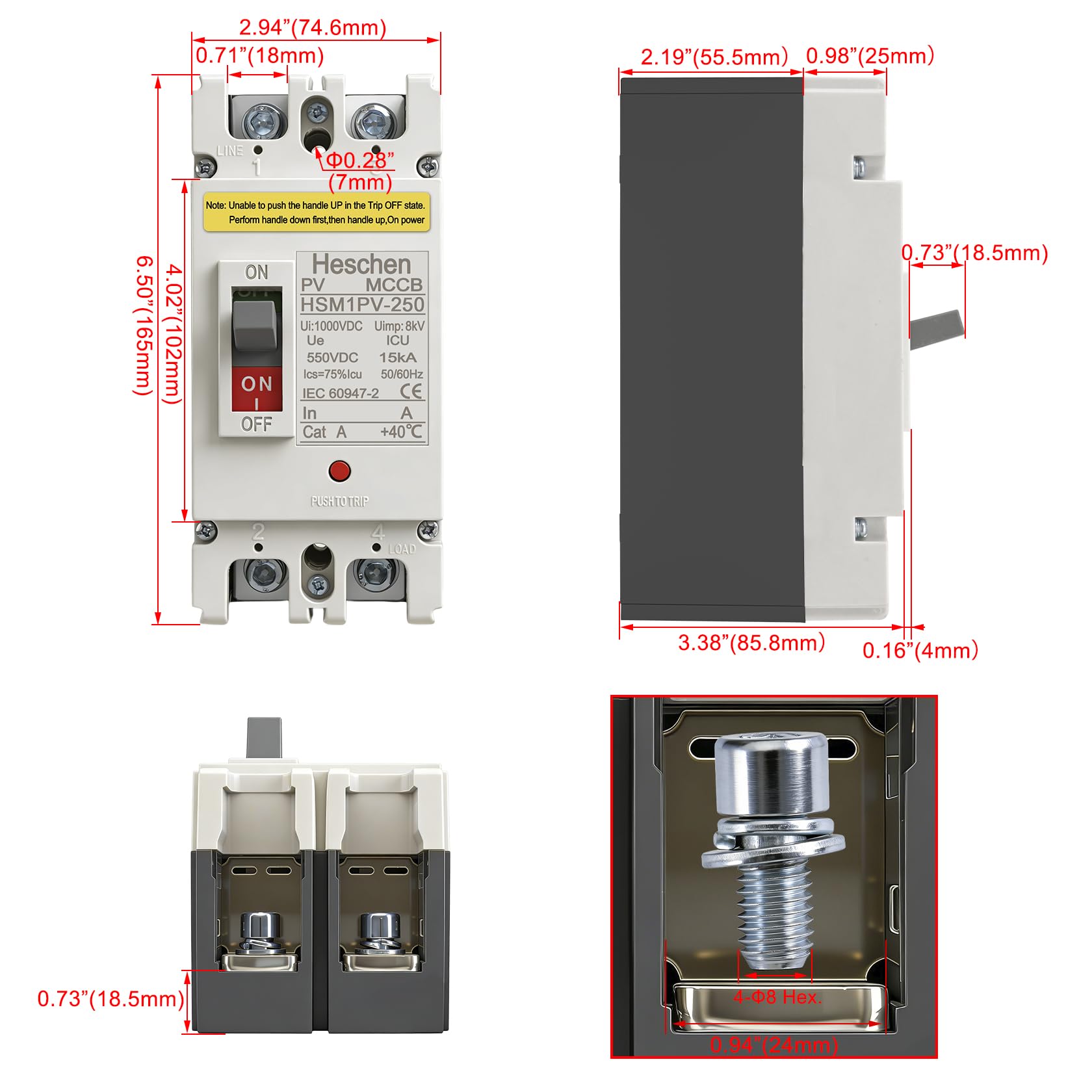 Heschen DC-Leistungsschalter MCCB 2-polig DC550V 150A HSM1PV-250 für PV-Solaranlage