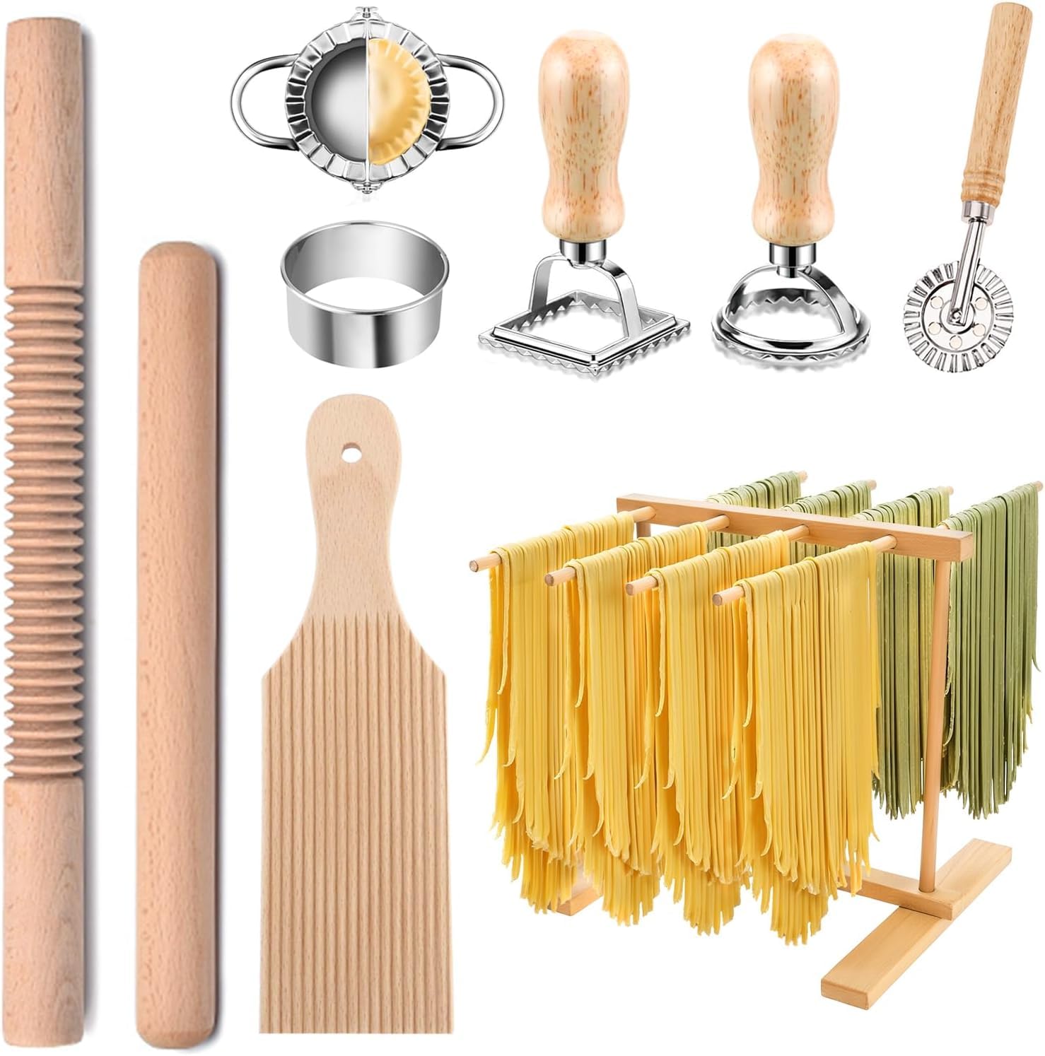 Juego de herramientas para hacer pasta, kit de 9 piezas de madera para hacer pasta con estante de secado, rodillo, tabla de ñoquis, accesorios de cortador de raviolis, cortador de sellos
