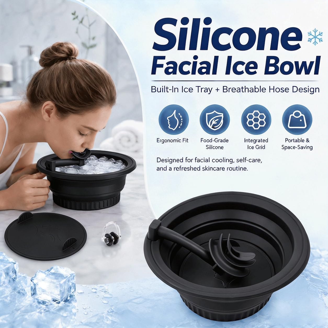 Face Bowl for Ice with Built-in Ice Tray Face Ice Bath Bowl with Breathing Tube & Nose Clip, Foldable Silicone Facial Cold Plunge Basin for Cold Plunge Therapy, Skin Tightening (Black)