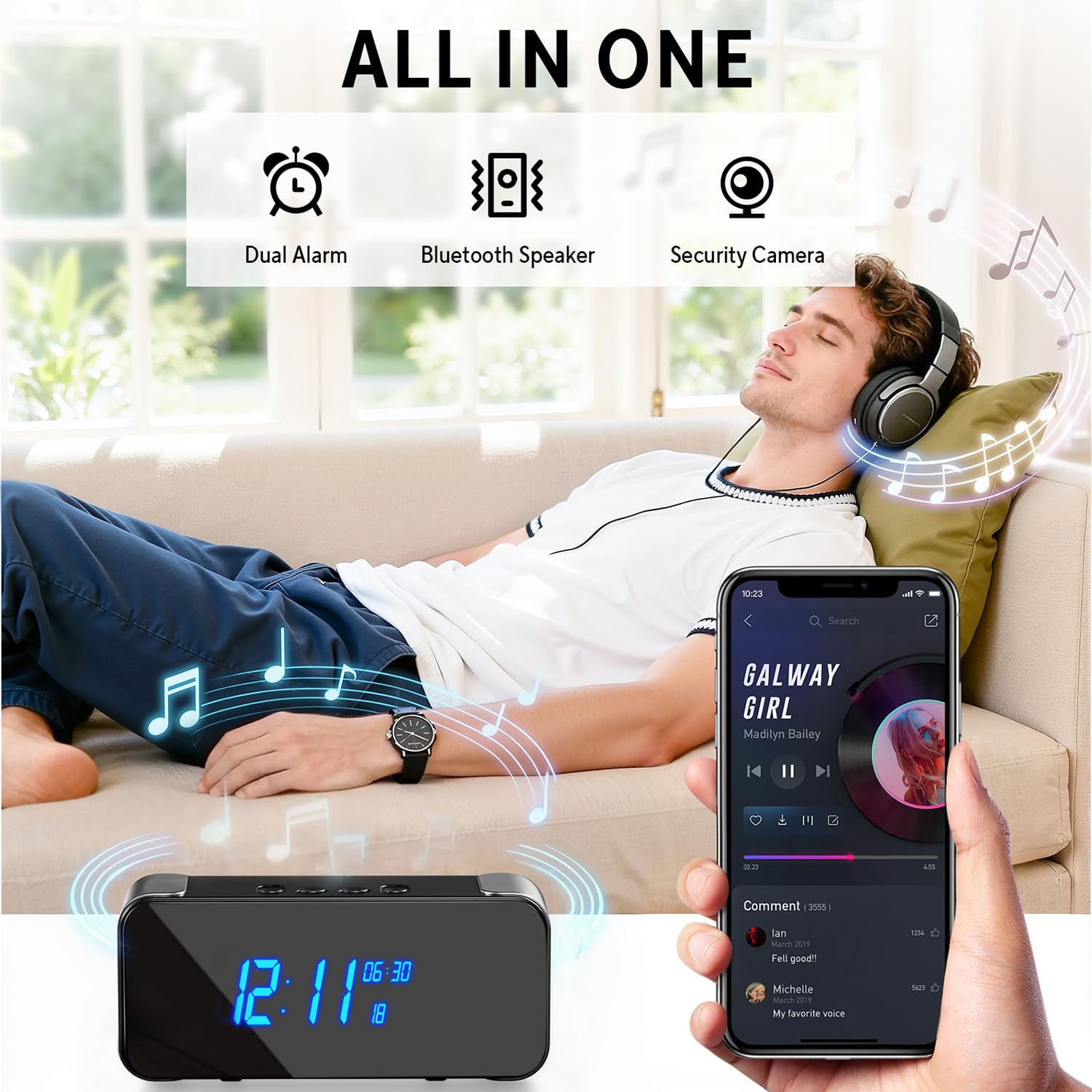 Cámara oculta, cámara de seguridad inalámbrica para interiores para niñera/mascota/bebé, cámara espía WiFi con reloj despertador y altavoz Bluetooth, visión nocturna HD 4K y detección de movimiento